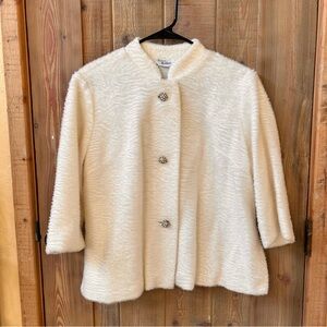 Vintage Feiner Fashions Ivory Faux Fur Swing Coat w/ Rhinestone Buttons